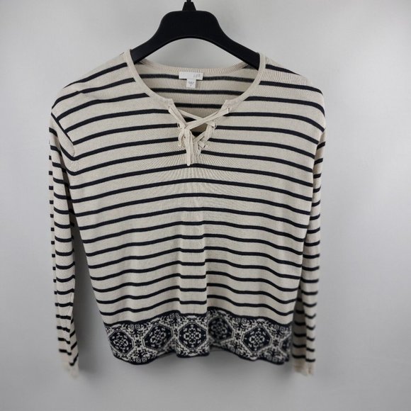 J Jill Womens Sweater Tunic Long Sleeve Pullover Blue Cream Stripes Small Cotton - Picture 1 of 8